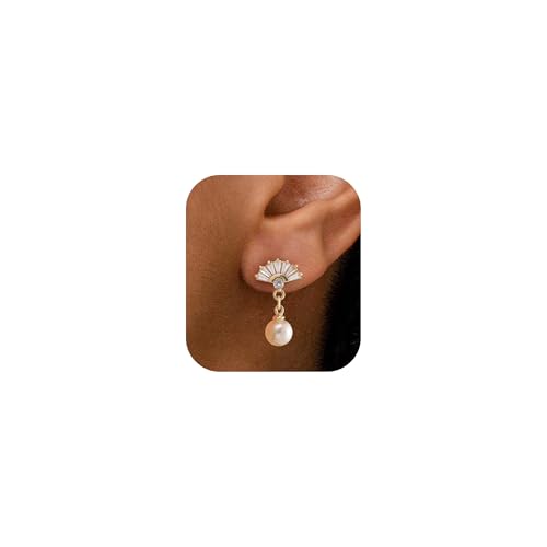 Pearl Earrings - 14K Gold/White Gold/Rose Gold Plated Cubic Zirconia CZ Diaomond Accented Pearl Drop Dangle Earrings for Women Wedding Bridal Prom - color: Fan drop