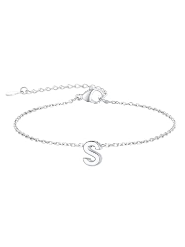 FindChic Initial Bracelets for Women Waterproof Stainless Steel Chain | 14K Gold Plated /Silver Letter A-Z Adjustable Monogram Charm Bracelet Dainty Gift for Women Wife Friend with Gift Box - color: Silver, size: letter S