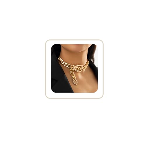 Cuban Link Chain Necklace Punk Belt Buckle Shaped Chunky Choker Necklace Statement Thick Chain Necklace Jewelry Gifts for Women Men - color: Style1-gold