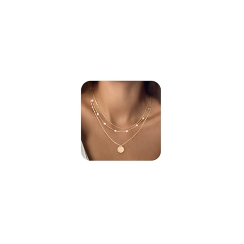 MFRYK Gold/Silver Necklaces Stack For Women,14K Gold/Sterling Silver Plated Simple Layered Choker Necklaces For Women,Stackable Multilayer Pearl Cross Disc Circle Pendant Cuban Herringbone Snake Paperclip Chain Necklaces Set Jewelry Gift for Women - style