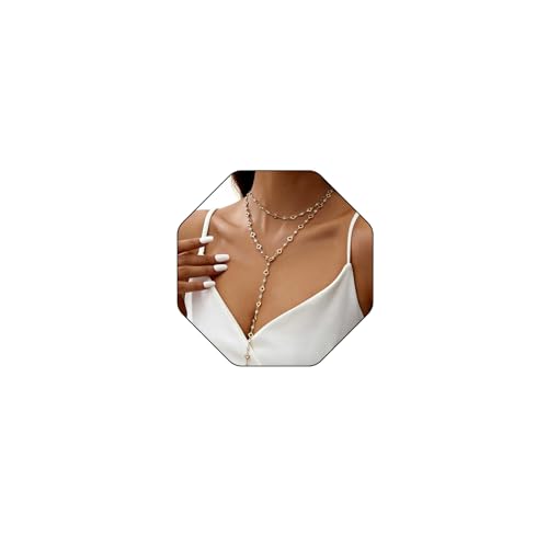 Necklace for Women, Dainty Long 14K Gold Y-Shaped Necklace Jewelry Trendy Beaded Layered Chain Drop Necklaces Jewelry Women Gifts - style: Clavicle Chain-Double Layered