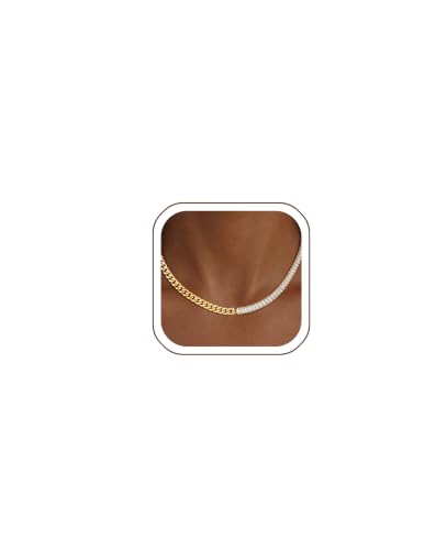 IMBOS 14K Gold Plated Chunky Chain Choker Necklaces for Women Chunky Gold Necklace Tennis Necklace for Women CZ Love Chain Cuban Link Choker Jewelry Gifts - color: Gold-Baguette Cuban