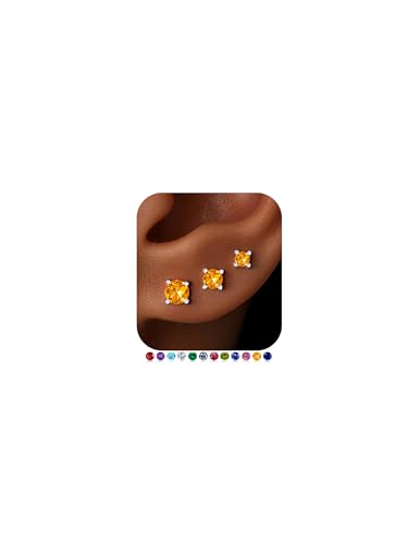 Small Birthstone Flat Back Stud Earrings for Women, 14K Real Gold Plated Hypoallergenic Earring Dainty CZ Cartilage Stud Earring Stack, Perfect Birthday Gifts for Women Her - color: Silver-11-November-Citrine Yellow