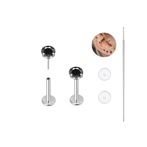 BelezaDosas G23 Titanium Labret Studs 16G Threadless Push-in Press Fit Lip Cluster Tragus Helix Lobe Conch Rook Medusa Cartilage Monroe Earring Push Back Piercing Jewelry - color: 18g6mm2.0 po bk