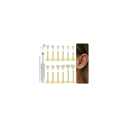 16G 18G 12Pcs Flat Back Stud Earrings 316L Surgical Steel Internally Threaded Stud for Women Tragus Labret Monroe Cartilage Helix Conch Studs Hypoallergenic Nose Stud Piercing Jewelry - color: Gold, size: 18G