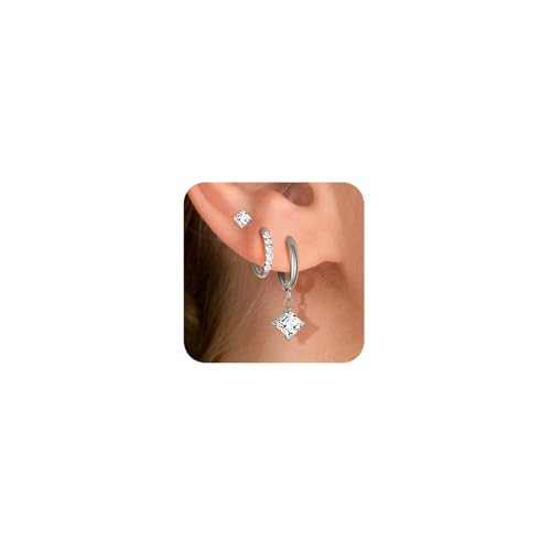 Surgical Steel Small Stud Clover Drop Dangle Huggie Hoop CZ Stud Earrings - color: F-Steel-Colored-S
