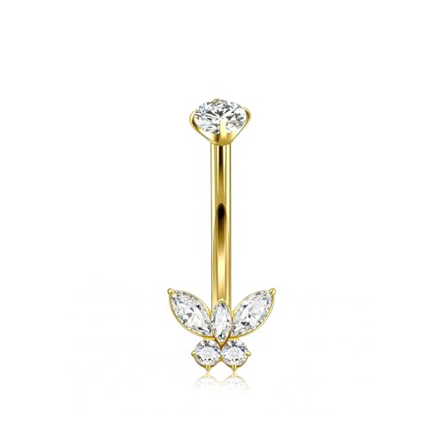 XUU Titanium Belly Button Rings 14G, Implant-Grade Navel Piercing, Luxury CZ Shape with Flower Butterfly, Hypoallergenic Curved Barbell Jewelry for Women, Gold or Silver - style: Butterfly-Gold