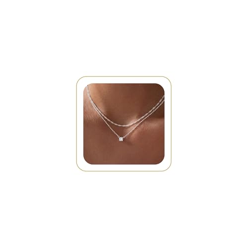 Tewiky Dainty 14k Gold Plated/Silver Cubic Zirconia Necklaces for Women | Simple CZ Jewelry Necklaces Trendy Gifts - color: Silver layer chain CZ