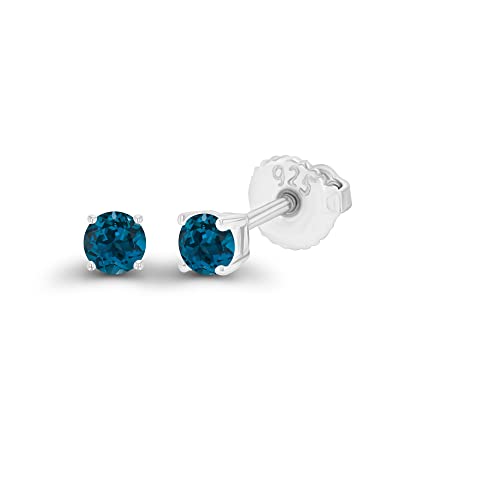 14K Gold Plated 925 Sterling Silver Hypoallergenic 3mm Round Genuine Birthstone Solitaire Screwback Stud Earrings - color: Blue Topaz-London Blue Topaz