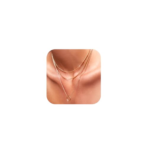 Airmb Gold Layered Necklaces for Women 14k Gold Plated Dainty Stackable Choker Necklaces for Women Trendy Layering Chain Cute Pendant Necklace Set Gold Jewelry for Women - color: 3PCS-Beaded&Box&Circle-Gold