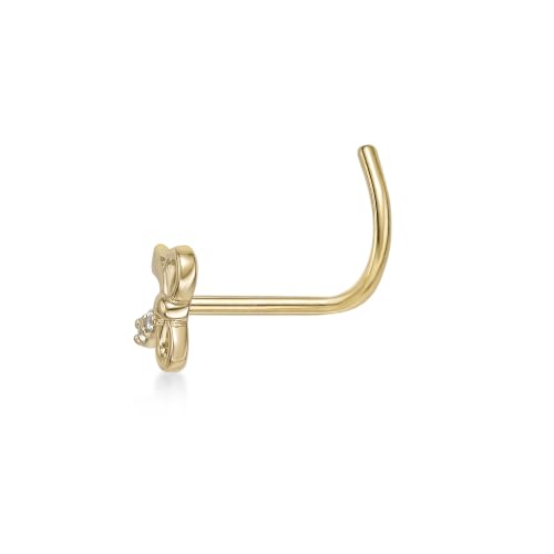 Lavari Jewelers 20 Gauge Curved Screw Nose Stud for Women - 14k Yellow Gold Cubic Zirconia Nose Ring for Her - CZ Unisex Hypoallergenic Nostril Piercing Jewelry - 20G Body Piercing for Men - style: Bow Tie Ribbon