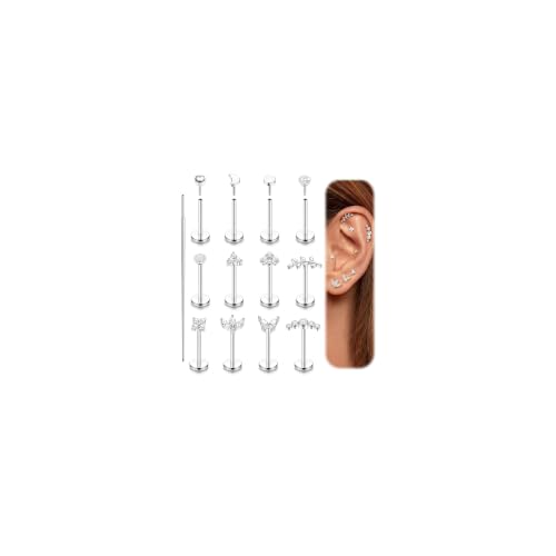 Fansilver 14K Gold Plated Threadless Flat Back Earrings for Women Men | 316L Surgical Steel Push in Nose Piercings Lip Rings,CZ Nostril Helix Conch Medusa Tragus Piercing Jewelry,16/18/20G,6/8mm - color: Silver Plated, size: 20G:8mm