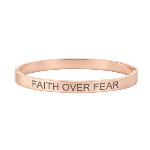 Christian Bible Verse Love Bangle Bracelet for Women, 18K Gold Plated Stainless Steel Oval Cuff, Inspirational Faith Jewelry Gift for Mom Daughter Sister Friend (Rose Gold-FAITH OVER FEAR)