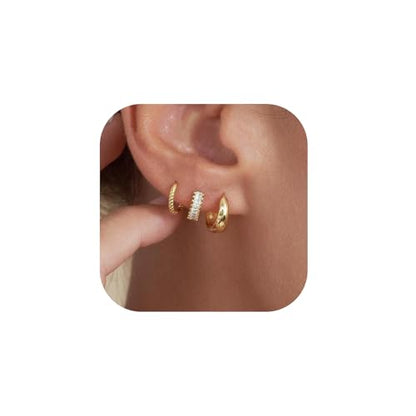 3 Pairs Huggie Hoop Earring Set 18K Gold Plated Cubic Zirconia Cartilage Earrings, Multi Piercings Ear Jacket Earring Climber Stud Earring for Women Everyday Earrings - color: 3 CZ Gold