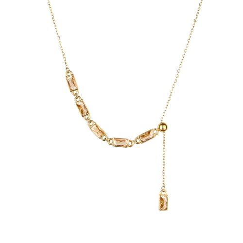 Emerald Cut Y Shaped Necklace for Women 18K Gold Plated Double Layered Y Lariat Necklace Jewelry Gift - color: Style9-Champagne