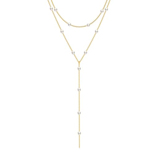Zeffy Gold Pearl Necklace for Women, Dainty 14K Gold/Silve Plated Layered Pearl Choker Pearl Earrings Pearl Bracelets Wedding Trendy Gold Jewelry Set for Women Gifts - style: Gold Pearl Y Layered Necklace -1PCS