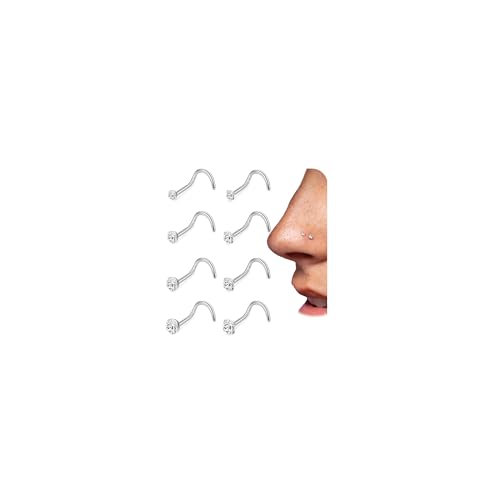 PLOMFOV 8PCS Titanium Nose Rings Studs 20G/18G Corkscrew Nose Ring L Shaped Nose Studs 6A Diamond CZ Silver&Gold Hypoallergenic Nose Piercing Jewelry for Women Men 1.5mm 2mm 2.5mm 3mm - color: Silver, size: 20G-Screw