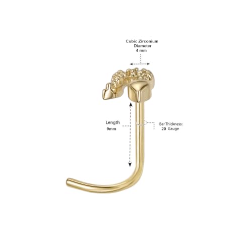 Lavari Jewelers 20 Gauge Curved Screw Nose Stud for Women - 14k Yellow Gold Cubic Zirconia Nose Ring for Her - CZ Unisex Hypoallergenic Nostril Piercing Jewelry - 20G Body Piercing for Men - style: Snake
