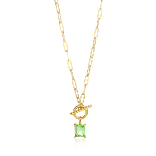 Diamond Necklaces for Women Natural Stone Paperclip Toggle Necklace 14K Gold Plated Emerald Birthstone Necklace for Women Paper Clip Chain Blue Green Cubic Zirconia Pendant Birthday Gifts for Women Mother Jewelry - color: 08. August(Peridot)