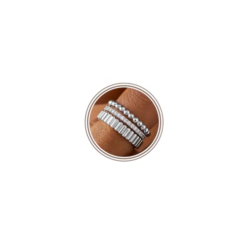 3Pcs Stackable Gold Rings Set for Women Cubic Zirconic Ribbed Bead Jewelry | 14K Gold & Silver Plated, Non Tarnish, Dainty Stacking Design, Trendy Gift - color: Silver