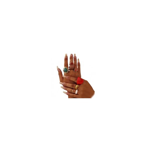 Chunky Gold Rings for Women Non Tarnish, Baroque Pearl Flower Tiger's Eye Stone Rings Adjustable Stacking Statement Rings Set Fashion Jewelry Gifts - style: Green/Red/Wood/Brown