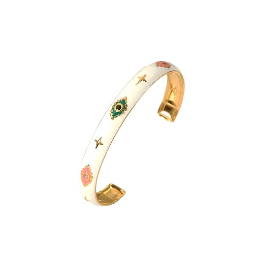 Evil Eye Bracelet, Chunky Gold Bangle Silver Boho Bracelets Open Bohemian Trendy Statement Adjustable Stainless Steel For Women Jewelry Gifts - color: White Colorful Eye