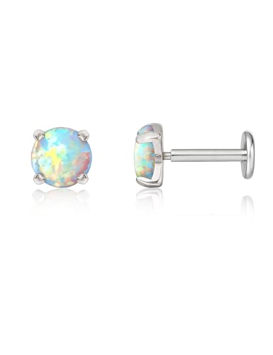 limerencia G23 Hypoallergenic 18g Flat Back Stud Earrings | F136 Implant Grade Titanium Pressfit Threadless Push Pop in Cartilage Helix Labret Lip Monroe Tragus Flat Back Piercing Studs - color: 4mm White Opal Silver