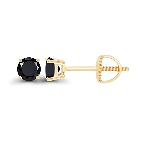 14K Gold Plated 925 Sterling Silver Hypoallergenic 4mm Round Genuine Birthstone Solitaire Screwback Stud Earrings - color: Onyx