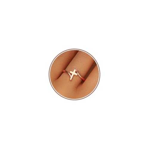 Gold Cross Statement Rings for Women 14K Gold Silver Tone Non Tarnish Cute Band High Polished Smooth Comfort Fit Size 5-10 - color: A-rose gold