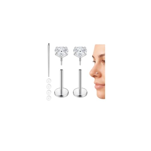 Hypoallergenic Nose Studs Flat Back Screw Ear Studs 18K Gold Plated 316 Stainless Steel, CZ Studs for Nose, Ear, Lip, Vertical Labret Piercing Jewelry, 2-5mm CZ 6-8mm Post with 1 Taper,4 Silicone Pads - color: Silver, size: 4mm