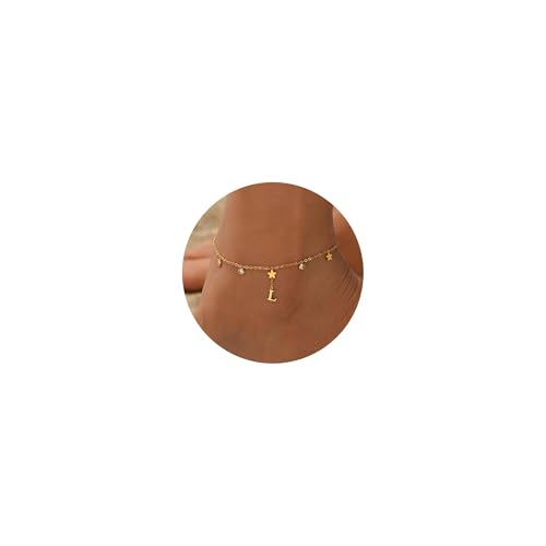 Initial Anklet for Women, 18K Gold Plated Waterproof Ankle Bracelet, Star CZ Letter A-Z Personalized Beach Foot Jewelry - color: L