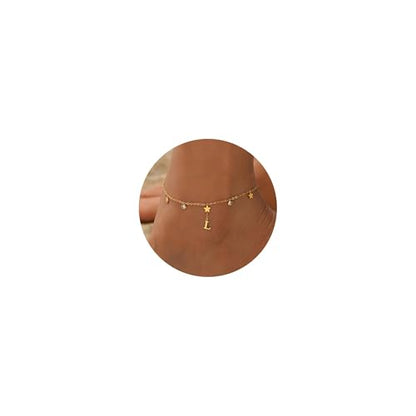 Initial Anklet for Women, 18K Gold Plated Waterproof Ankle Bracelet, Star CZ Letter A-Z Personalized Beach Foot Jewelry - color: L