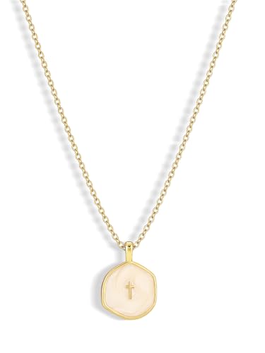 14K Gold/Silver Plated Cross Necklace for Women White Enamel Pendant | Unique Brass Irregular Disc Cross, Dainty Minimalist Faith Jewelry for Everyday Wear, Comes in a Beautiful Box - style: gold style1