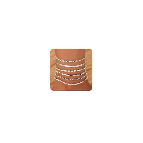 Besteel Ankle Bracelets for Women Waterproof 14K Gold Plated Anklets Set | Non Tarnish Stainless Steel, Plus Size Adjustable 8-12 Inch, Hypoallergenic Layered Cuban Link Chain Summer Foot Jewelry Gift - style: 6 Pcs Silver Tennis-8.5+2.5 Inch