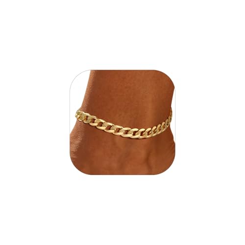 FOCALOOK 14K Gold Plated Anklets for Women Waterproof Plus Size Ankle Bracelet 8.5-10.5 Inch Adjustable Mariner/Figaro/Flat Snake/Cuban Link Chain Anklet Jewelry for Summer Beach Holiday - color: A:6mm Cuban-Gold