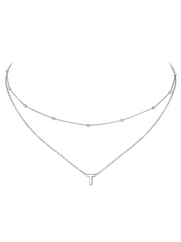 ChicSilver Layered Initial Necklace for Women, 925 Sterling Silver Personalized Letter A-Z Pendant Necklaces, Hypoallergenic Silver Choker with Adjustable 16" Rolo Chain, Dainty Birthday jewelry - style: T
