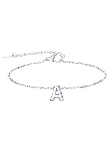 FindChic Initial Bracelets for Women Waterproof Stainless Steel Chain | 14K Gold Plated /Silver Letter A-Z Adjustable Monogram Charm Bracelet Dainty Gift for Women Wife Friend with Gift Box - color: Silver, size: letter A