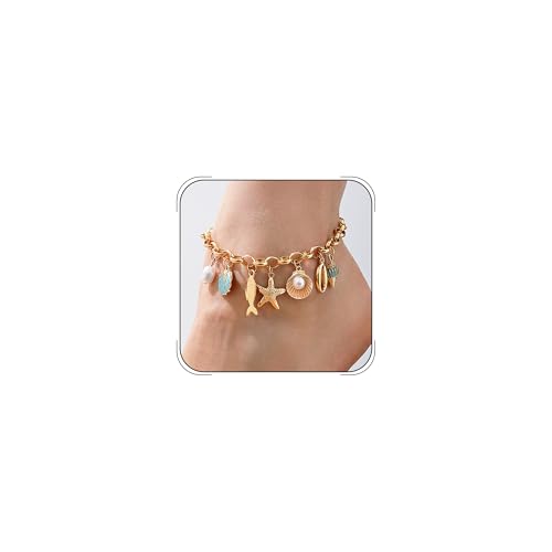 Gold Ocean Beach Charm Anklet for Women Boho Starfish Seashell Pearl Fish Pendant Adjustable Ankle Bracelet Summer Beach Vacation Jewelry Gift