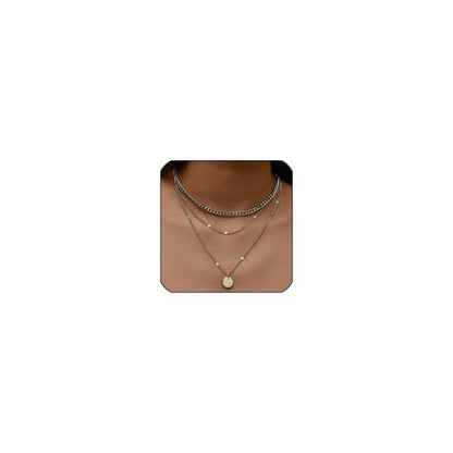 3Pcs Gold Circle Pendant Necklace Set Dainty Layered Stacked Pearls Chain Choker Necklace Trendy Birthday Jewelry Accessory Gift for Women - color: Silver Coin