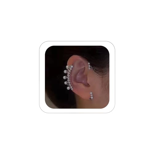 2Pcs Fashion Rhinestone Pearls Ear Cuff Vintage Non-Piercing Fake Earrings Bridal Wedding Climber Ear Wrap Prom Ball Ear Jewelry for Women