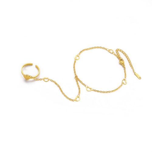 UNIFT Hand Chain Bracelets for Women Set Stainless Steel Adjustable Heart or Four-Leaf Clover Ring Chain Bracelet Trendy Dainty Jewelry Set Gifts - color: gold1