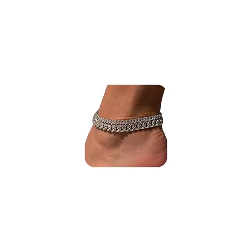 Tewiky Chunky Ankle Bracelets for Women,Dainty Layered Waterproof Anklet for Women Adjustable Cuban Set Stackable Cute Summer Beach Jewelry Gift - color: silver