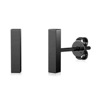 JIAYIQI Minimalist 925 Sterling Silver Stud Earrings Set, 14K Gold Plated Hypoallergenic Tiny Bar Dot Heart Star Studs for Women & Men - style: Black-Bar-1Pair