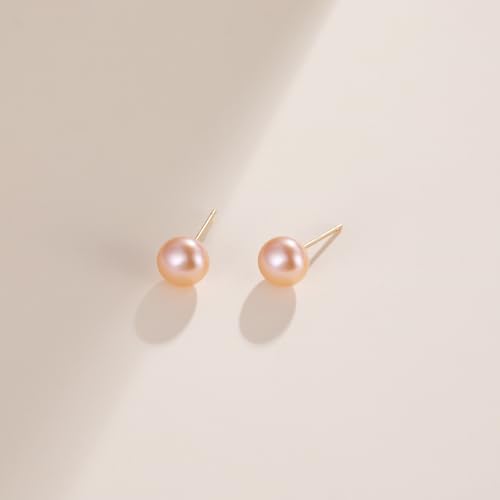 EAMTI Pearl Earrings for Women Trendy 18K Gold Plated Sterling Silver Freshwater Cultured Pearl Stud Earrings Hypoallergenic 5.5-9.5MM - color: Peach-pink, size: 6.6-7.5mm