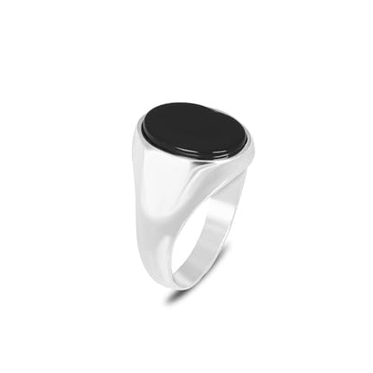 Men’s Silver Plated Steel Onyx Ring – Oval Black Stone Minimal Signet Ring | Polished Smooth Band | Modern Stainless Steel Men’s Fashion Ring