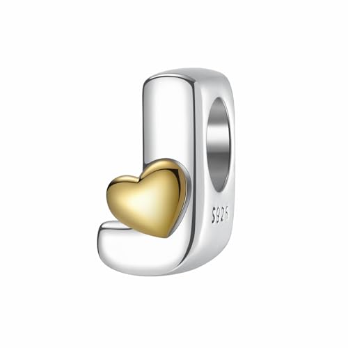 A~Z Alphabet Charm Letter Beads 925 Sterling Silver with Heart-shaped 5A Cubic Zircon Stones fits Pandora European Bracelets Necklace Jewelry Gift for Women - style: J Letter Charms
