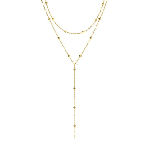 Zeffy Lariat Gold Necklace for Women, Dainty Long Necklace 14k Gold/Silver Plated Layered CZ Beaded Bar Chain Y-Shaped Body Chain Stack Drop Wedding Necklace Trendy Simple Gold Jewelry Gifts - color: Gold Bead Y Necklace (1PCS)