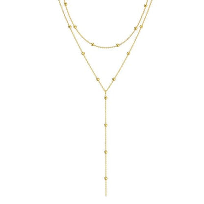 Zeffy Lariat Gold Necklace for Women, Dainty Long Necklace 14k Gold/Silver Plated Layered CZ Beaded Bar Chain Y-Shaped Body Chain Stack Drop Wedding Necklace Trendy Simple Gold Jewelry Gifts - color: Gold Bead Y Necklace (1PCS)