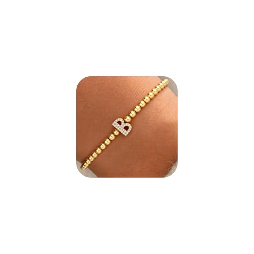 Zircon Initial Bracelet for Women - Never-Fade Personalized Jewelry, Dainty 14K Gold Plated Beaded Bracelets for Women Trendy Letter A-Z Personalized Jewelry Gifts - color: B