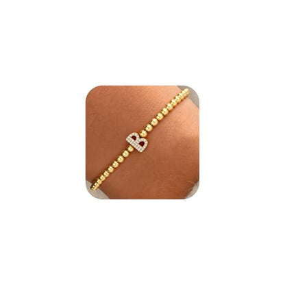 Zircon Initial Bracelet for Women - Never-Fade Personalized Jewelry, Dainty 14K Gold Plated Beaded Bracelets for Women Trendy Letter A-Z Personalized Jewelry Gifts - color: B